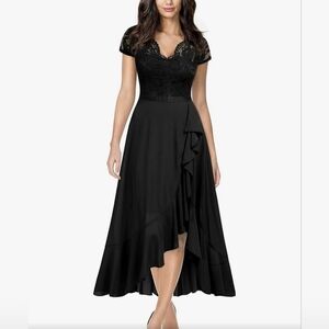 Miusol Formal Bridesmaid Lace V-Neck Coquette Ruffle Black Whimsigoth Maxi Dress